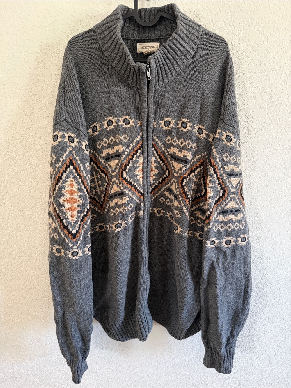 Stetson Gray Zip-Up Fair Isle Sweater with Cream & Brown Accents